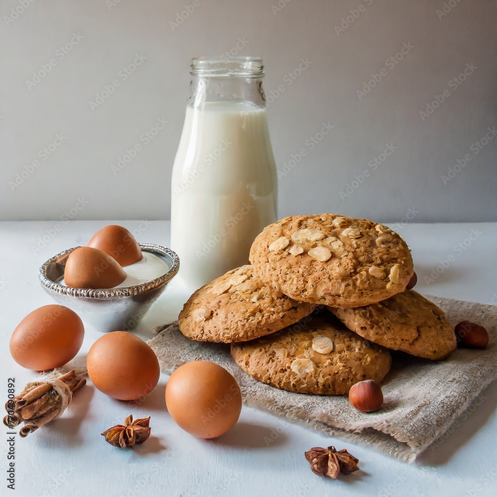 Satisfying Treat: Freshly Baked Oatmeal Cookies with Milk on the Side Satisfying Treat: Freshly Baked Oatmeal Cookies with Milk on the Side