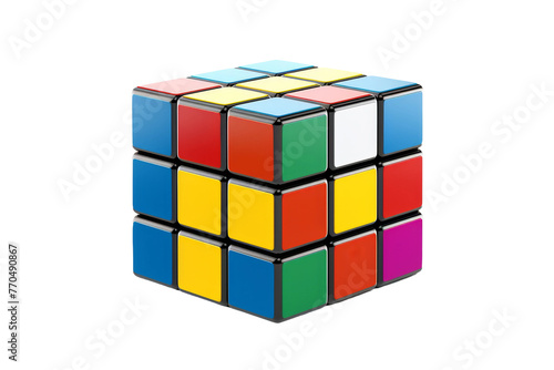 Colorful Rubik Cube Puzzle With Different Faces. On a White or Clear Surface PNG Transparent Background.
