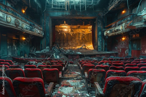 abandoned theater with rows of seats and a broken stage, filled with debris from the fire that destroyed it.