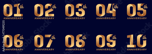 set of anniversary logos from 1 year to 10 years with gold numbers on a black background for celebratory moments