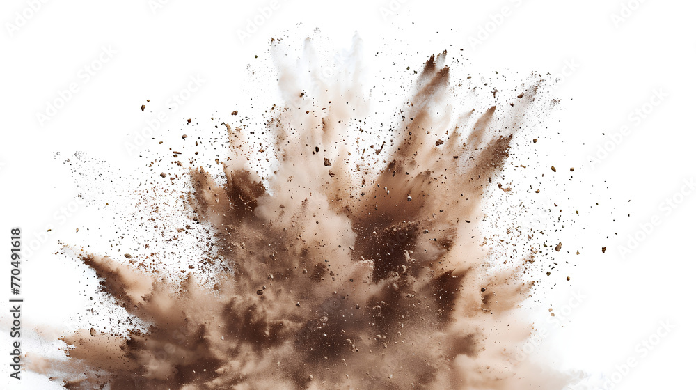 Dry soil explosion isolated on white background.Abstract dust explosion on white background Dry soil explosion isolated on white background.Abstract dust explosion on white background