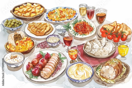 Illustration of a vibrant table spread with assorted traditional Purim foods.