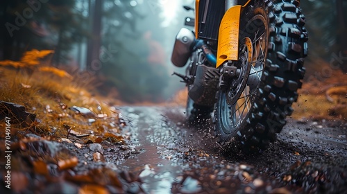 A close-up shot of a sport bike's front wheel kicking up gravel as it takes a sharp turn on a dirt trail photo