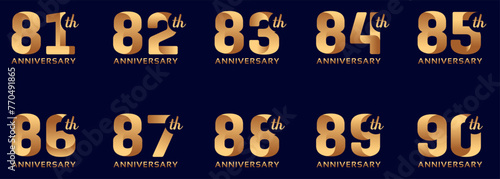 set of anniversary logos from 81 year to 90 years with gold numbers on a black background for celebratory moments,celebration event.