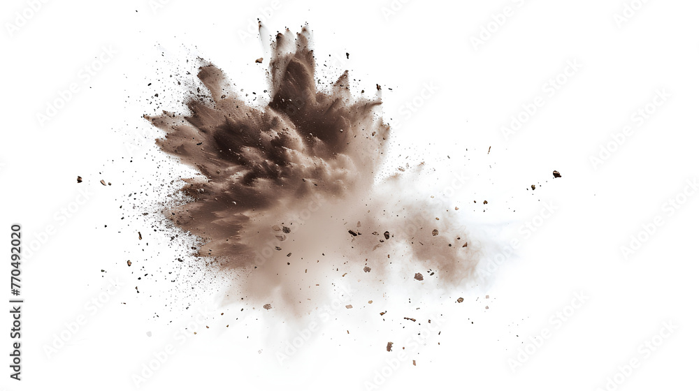 Dry soil explosion isolated on white background.Abstract dust explosion on white background Dry soil explosion isolated on white background.Abstract dust explosion on white background