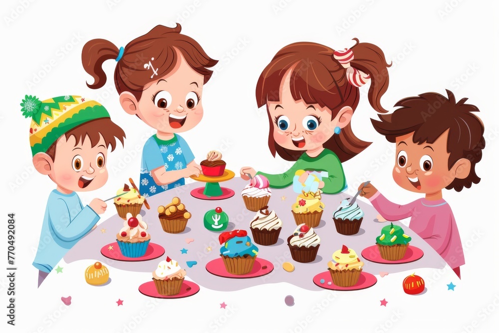 Children delightfully decorate holiday cupcakes in illustration. Children delightfully decorate holiday cupcakes in illustration.