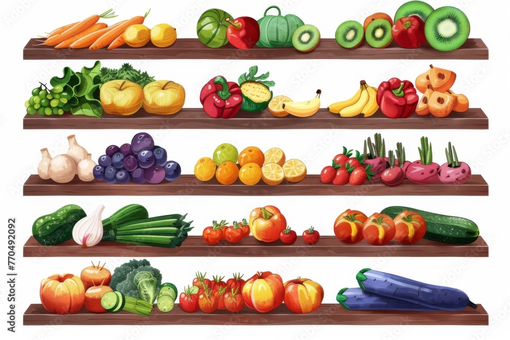 Shelves filled with vibrant fruits and vegetables, creating a bountiful and eye-catching display.