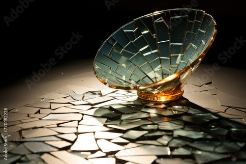 A shattered glass dish lies broken on a table, reflecting the remnants of its former elegance and utility. Generative AI photo