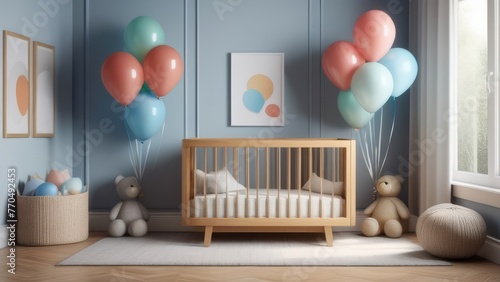 A rA nursery with a crib, stuffed animals, and balloons. The balloons are in various colors and sizes, and the room has a playful and cheerful atmosphereoom with two cribs and a chair.  photo