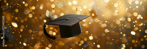 Black graduation cap in the air with glittering confetti on golden background. Graduation, academic achievement banner. photo