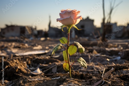 A single pink rose stands out against a desolate dirt field, symbolizing peace and hope amidst destruction and chaos. Generative AI