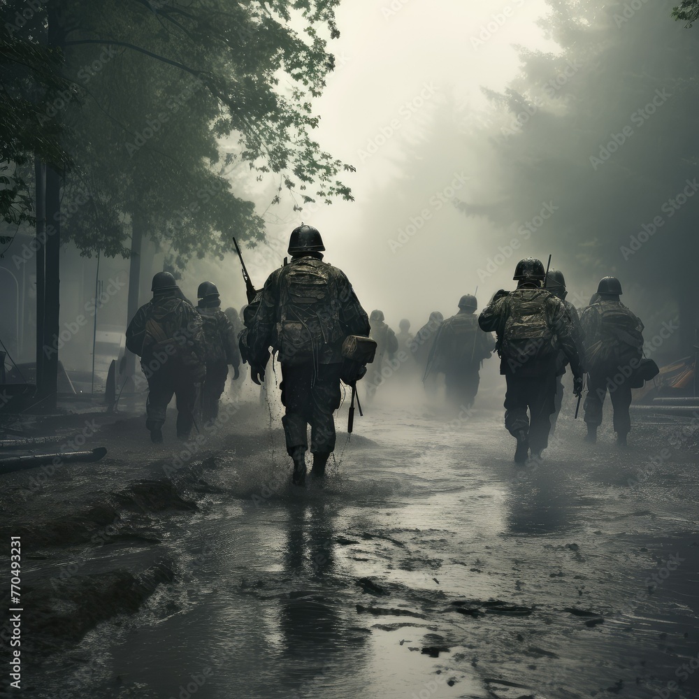 A group of military soldiers in combat gear, walking down a rain-soaked street amidst dark, smoky weather during wartime. Generative AI