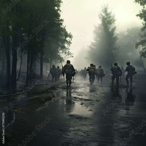 A group of military soldiers clad in dark uniforms trudge down a rain-soaked street as heavy rain pours down around them. Generative AI