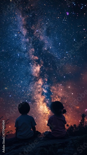 Galaxy, Palette, A cosmic canvas, Mixing colors from distant stars Children gazing at the night sky, Imagining their own stellar creations Digital art, Silhouette Lighting, Vignette