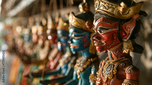 Striking photo of a line-up of Indonesian Wayang Golek puppets with dramatic facial expressions photo