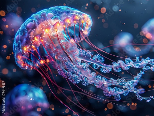 Glowing Jellyfish, Bioluminescent Tentacles, Deep-sea Creature, Discovering the Abyssal Depths, Phosphorescent Glow, 3D Render, Underwater Illumination