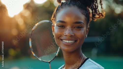 Portrait of an African-American young smiling woman outdoor with a tennis racket. © Ekaterina Chemakina