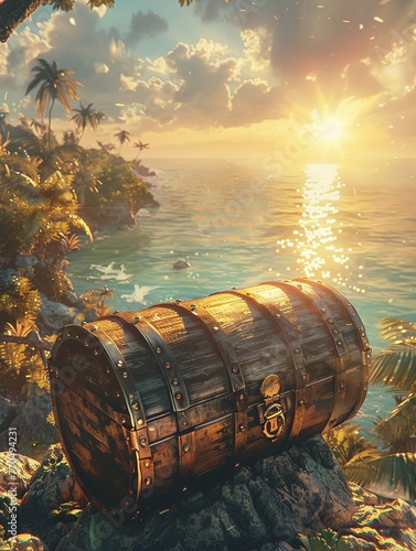 Telescope, Treasure Chest, Discovering a Hidden Island, Clear Skies, Realistic, Sunlight, Lens Flare