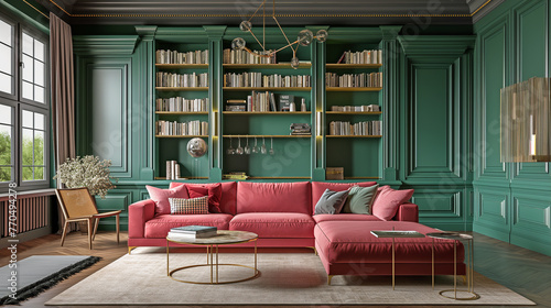 Interior of a room with green walls, pink sofa, bookshelves, indoor plants