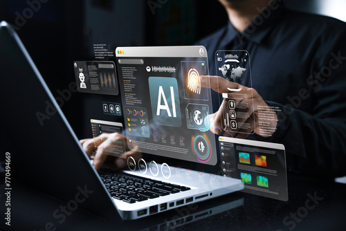 Men who use websites or AI software technology to help and support tasks for chatbots, AI chat, visualization, coding, and data analysis using technology. Intelligent robot AI.