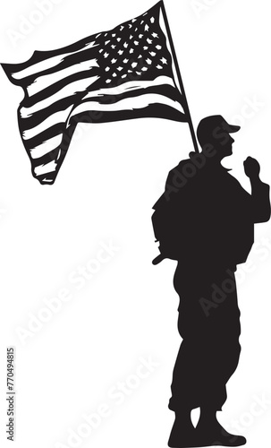 Black and white silhouette of Veteran hold American flag, depicting patriotism, unity, and national pride in a simple yet powerful manner
