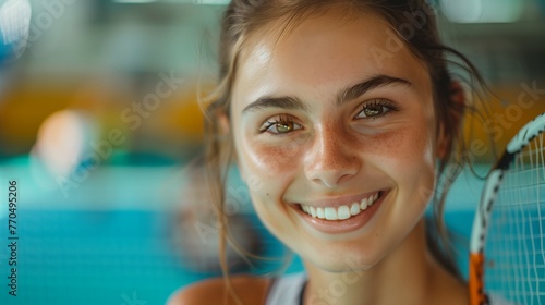 Portrait of smiling young woman in the gym with a tennis racket.