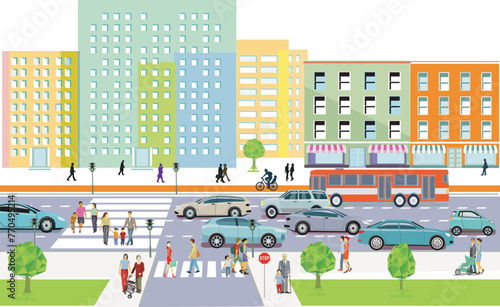 Stadtsilhouette einer Stadt mit Verkehr  und Personen, illustration