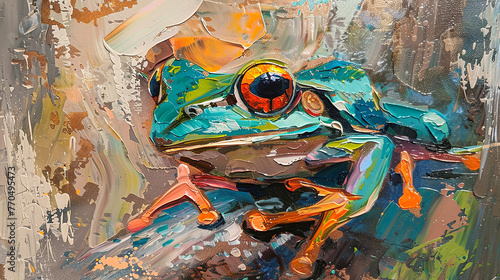 Colorful Illustration of cute frog on abstract background. Oil painting. Nature concept