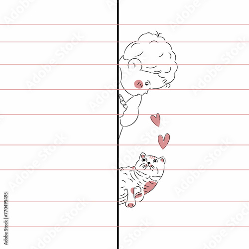 hand drawn sketch of a baby boy with cat  sweetheart 