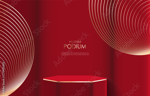 Dark red luxury podium vector mockup with golden elements. Red hexagonal podium for displaying products, exhibitions and advertising posters or banners. Background for cosmetics and perfumes