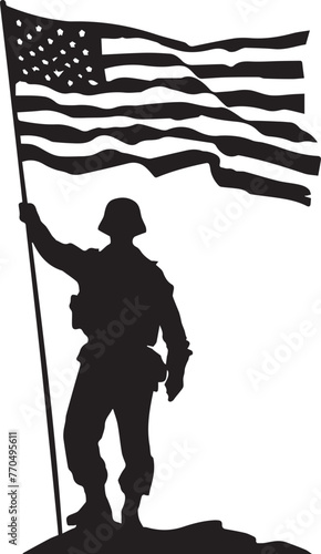 Black and white silhouette of Veteran hold American flag, depicting patriotism, unity, and national pride in a simple yet powerful manner © Aleksandar