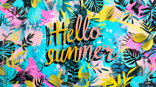 Hello Summer card with flowers. Colorful abstract collage. Holiday concept.