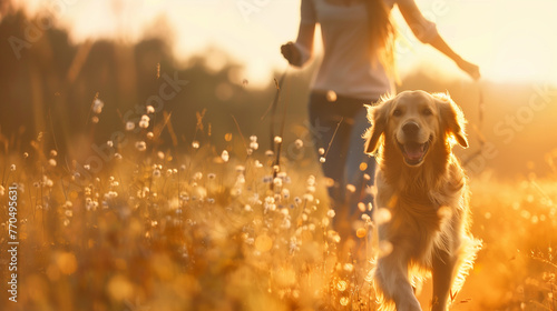 Dog and owner are running through the field