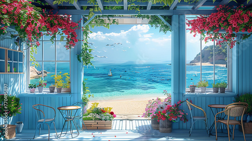 Beautiful summer cafe with blue walls. AI generative