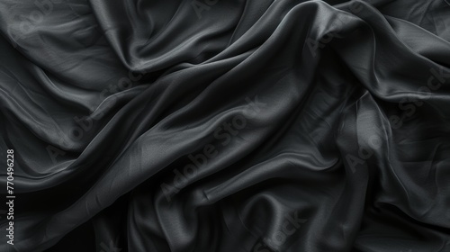 Textured surface of rich black satin with elegant folds creating a sense of depth.