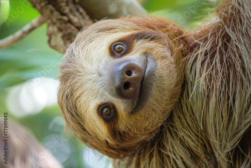 A hilarious close-up of a sleepy sloth with a goofy expression photo