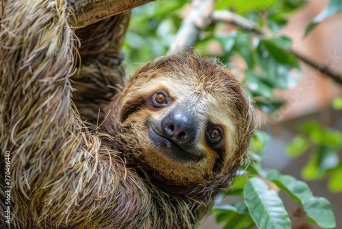 A hilarious close-up of a sleepy sloth with a goofy expression © Venka