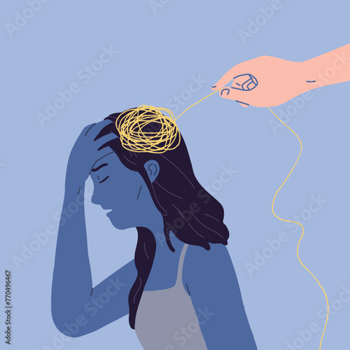 Illustration of a hand unraveling a tangled ball of yarn on a woman's head, representing the untangling of complicated thoughts or relief from mental burden.
