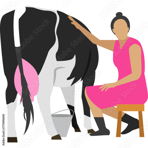 Milkmaid farmer milking cow vector icon isolated on white