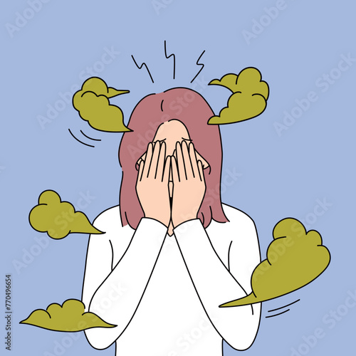 The image portrays a person with their face in their hands, surrounded by yellow clouds and stress lines, signifying a storm of emotional stress.
