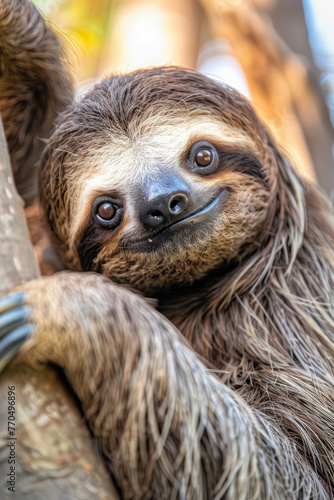 A hilarious close-up of a sleepy sloth with a goofy expression