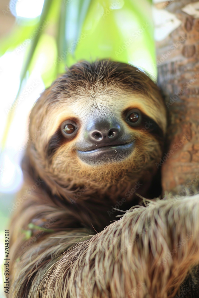 Fototapeta premium A hilarious close-up of a sleepy sloth with a goofy expression