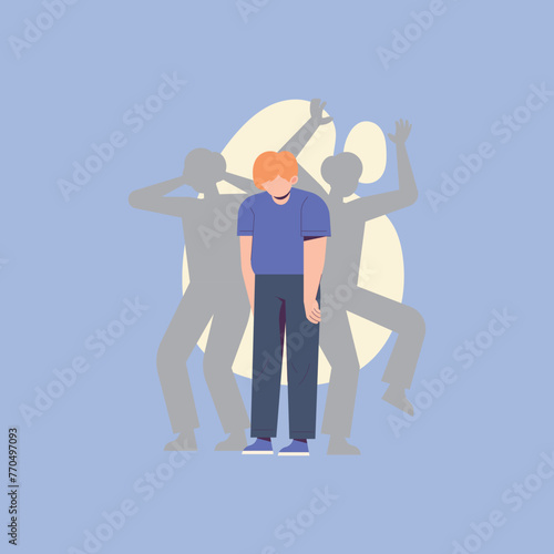 An individual stands emotionless while their shadow in the background displays a dynamic mix of attitudes, symbolizing internal emotional complexity. 