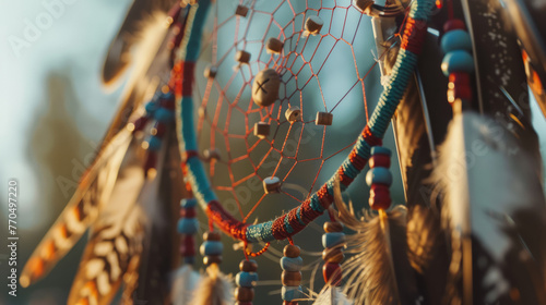 A stunning close-up of a Native American dream catcher highlighting its design