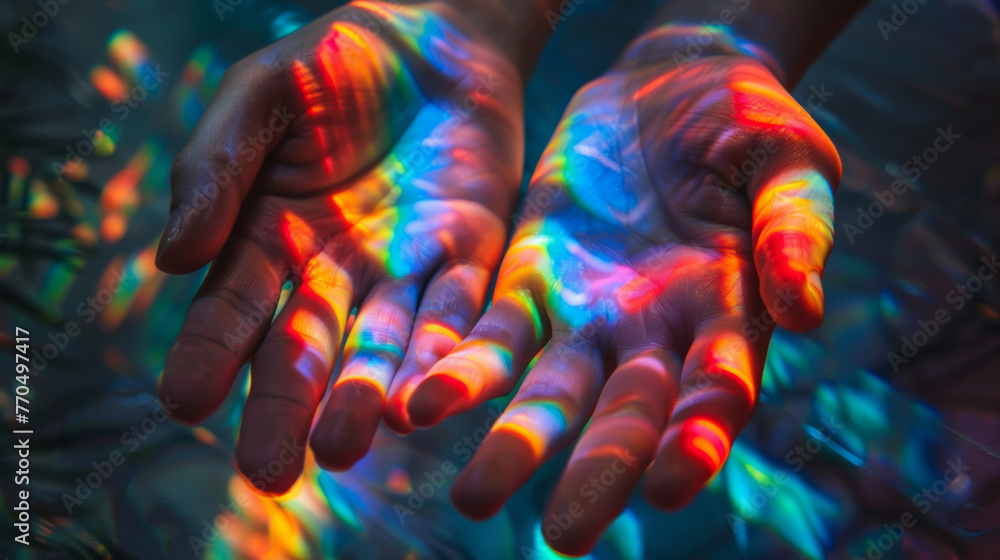 Hands with colorful light projections