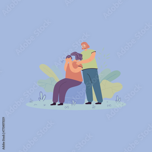 The illustration depicts one individual offering a comforting embrace to another who appears distressed, set against a calming background with foliage.
