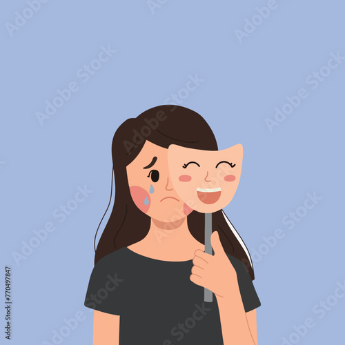 A person holds up a smiling mask, hiding their true face marked by tears, depicting the contrast between outward appearance and inner feelings.
