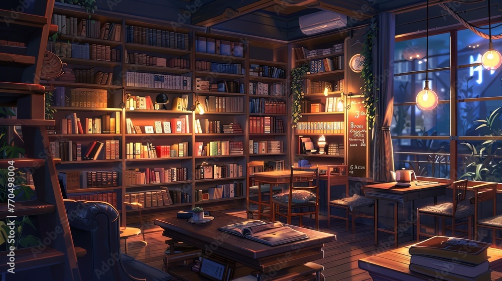 A tranquil book cafe interior, inviting and cozy with its warm lighting, overflowing bookshelves, and comfortable seating, perfect for evening readers. Lofi anime cartoon Cozy Book Cafe with Warm Eve
A tranquil book cafe interior, inviting and cozy with its warm lighting, overflowing bookshelves, and comfortable seating, perfect for evening readers. Lofi anime cartoon Cozy Book Cafe with Warm Eve