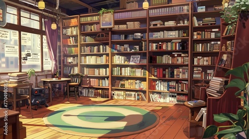 Warm sunlight filters through the windows of a charming bookshop, highlighting an array of books and a cozy reading space. Lofi anime cartoon Sunny Afternoon in a Charming Bookshop Interior