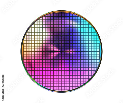 Bright rainbow silicon wafer with microchip cells on white. Microelectronic polycrystalline integrated circuits for computer chips. Vector illustration with gradient mesh